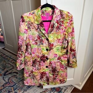Vintage Dandy by Randi M Multicolor Cityscape Toile Print Button-Up Jacket Coat